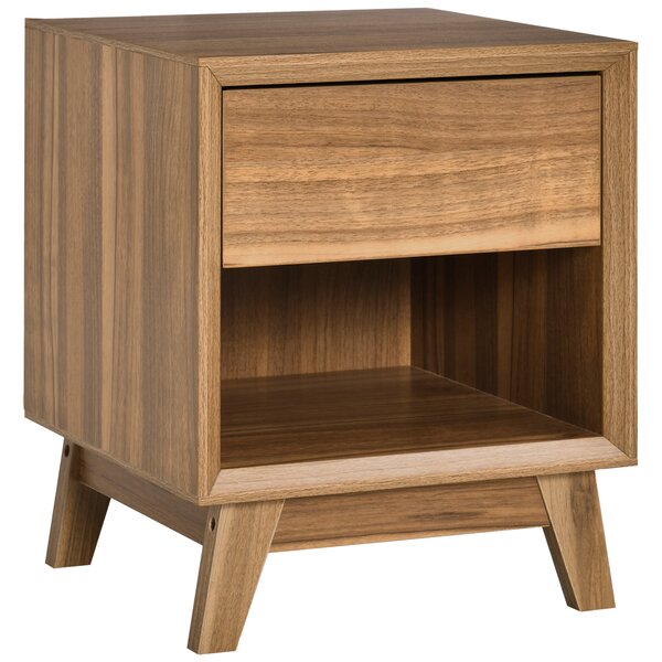 HOMCOM Bedside Table Nightstand, Modern End Table with Drawer and Shelf for Living Room, Walnut Brown Aosom UK