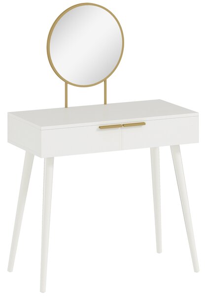 HOMCOM Modern Dressing Table with Round Mirror, Makeup Vanity Table with 2 Drawers for Bedroom, Living Room, White Aosom UK