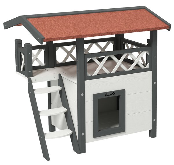 PawHut Cat House Outdoor w/ Balcony Stairs Roof, 77 x 50 x 73 cm, White