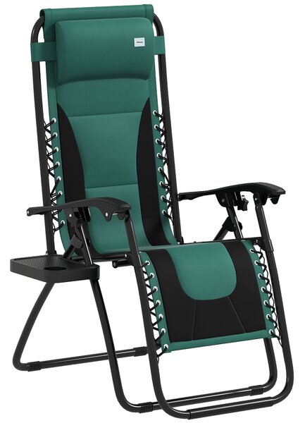 Outsunny Foldable Reclining Garden Chair, Zero Gravity Chair with Padded Seat, Cup Holder, Adjustable Backrest, Pillow for Outdoor, Patio, Deck, Green