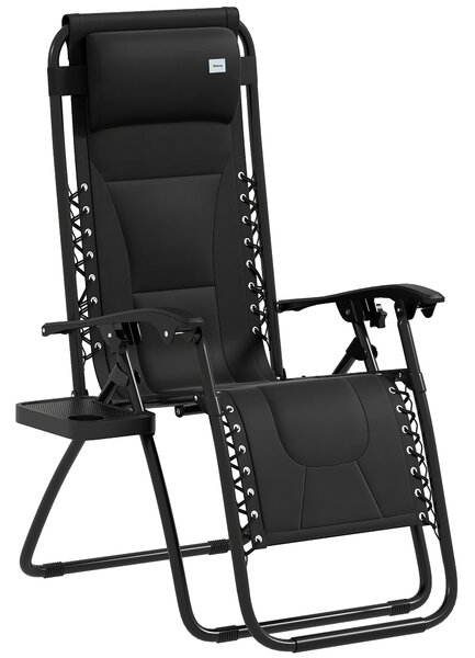 Outsunny Foldable Reclining Garden Chair, Zero Gravity Chair with Padded Seat, Cup Holder, Adjustable Backrest, Pillow for Outdoor, Patio, Deck, Black