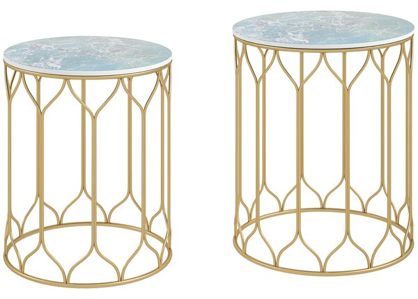 Outsunny Garden Side Table Set of 2, Nesting Tables with Ceramic Tile Top, Small Garden Tables with Metal Frame for Patio, Balcony, Multicoloured