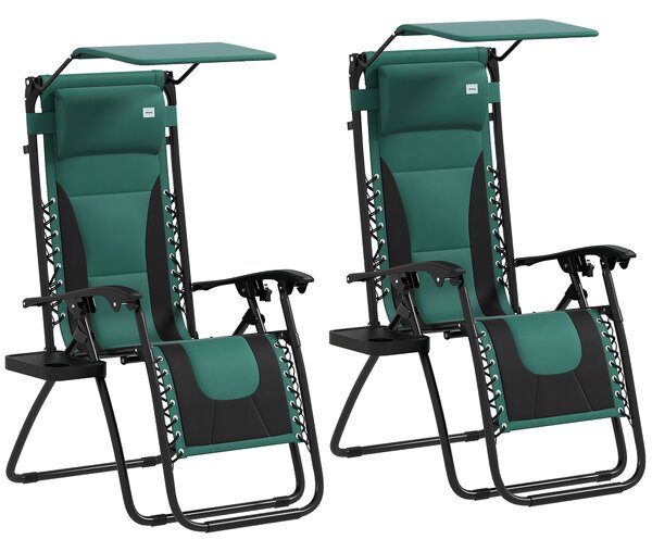 Outsunny Zero Gravity Lounger Chair Set of 2, Folding Reclining Patio Chair with Shade Cover, Cushion and Headrest for Poolside, Camping, Green