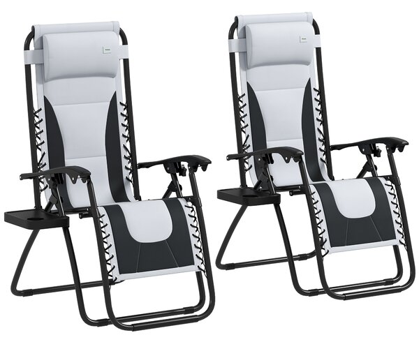 Outsunny Zero Gravity Lounger Chair Set of 2, Folding Reclining Patio Chair with Padded Seat, Cup Holder, Soft Cushion and Headrest for Poolside, Camping, Grey