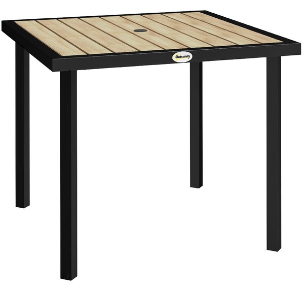 Outsunny Square Garden Dining Table with 5.4cm Parasol Hole, Slatted Top, Metal Frame, 86 x 86 x 71cm, Brown