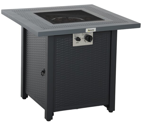 Outsunny Square Propane Gas Fire Pit Table, 40000 BTU Rattan Smokeless Firepit Patio Heater with Lava Rocks and Lid, 71cm x 71cm x 62cm, Dark Grey
