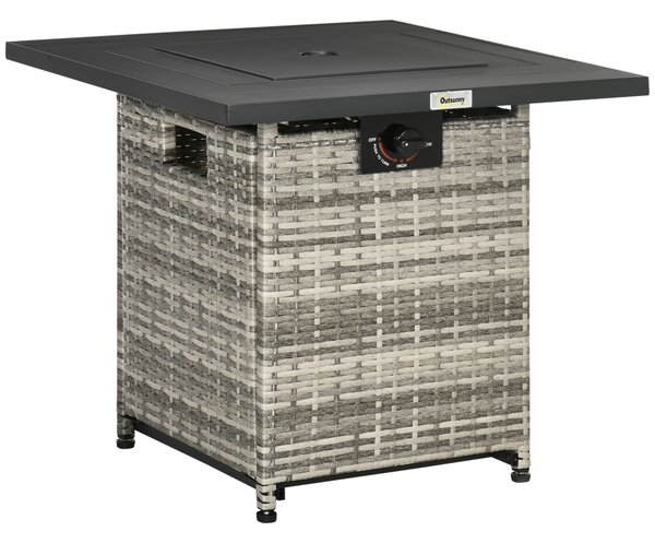 Outsunny Outdoor PE Rattan Gas Fire Pit Table, Patio Square Propane Heater with Rain Cover, Mesh Lid and Lava Stone, 40,000 BTU, Mixed Grey