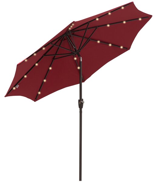 Outsunny Φ2.7m Garden 24 LED Light Parasol Solar Outdoor Tilt Sun Umbrella Patio Club Party Event Manual Sun Shade w/ Hand Crank and 8 Ribs Red