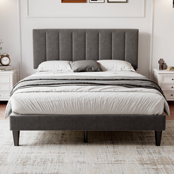 Velvet Upholstered Double Bed with Adjustable Headboard, Solid Wood Slats, Noise-Free Design, Easy Assembly, 194L x 140W x 110H cm, Grey Aosom.UK