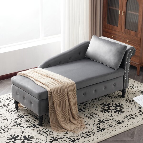 Modern Velvet Upholstered Chaise Lounge Sofa with Storage, Pillow, Nailhead-Trim, Button-Tufted Lounge Chair, 144L x 62W x 69H cm, Grey Aosom.UK