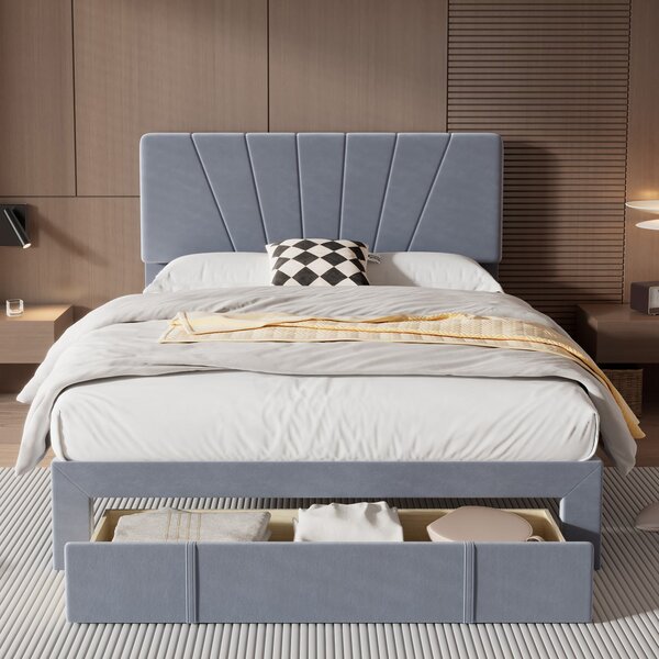 4FT6 Comfy Double Upholstered Bed with Big Storage Drawer, Adjustable Headboard and Sturdy Wooden Slat Support, 194L x 139W x 112H cm, Grey Aosom.UK