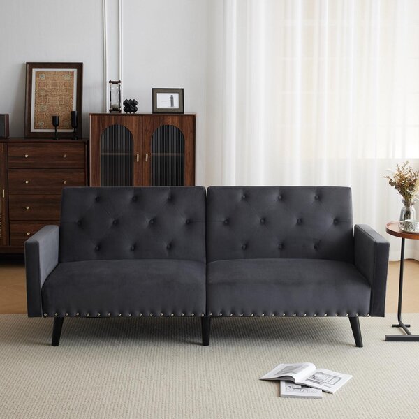 2-Seater Adjustable Velvet Sofa Bed with Storage Pockets, Removable Armrests, Button-Tufted Recliner Couch, 191L x 85W x 80H cm, Dark Gray Aosom.UK