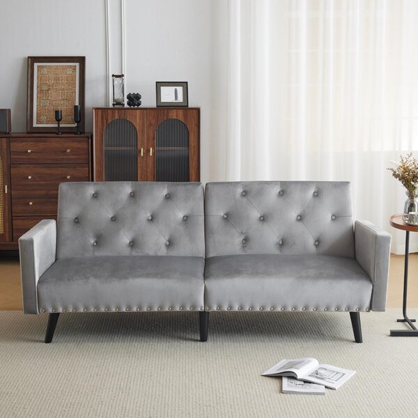 2-Seater Adjustable Velvet Sofa Bed with Storage Pockets, Removable Armrests, Button-Tufted Recliner Couch, 191L x 85W x 80H cm, Light Gray Aosom.UK