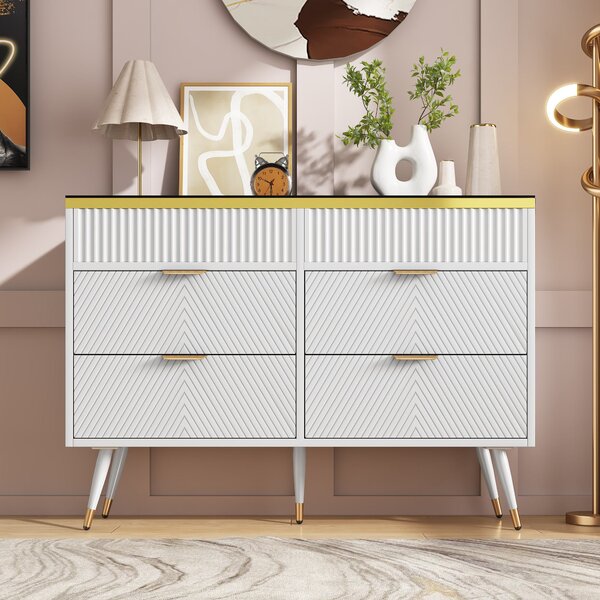 Sideboard Storage Cabinet Dresser with 6 Drawers, Amber Glass Chest, Anti-tip, Cabinet for Living Room, Hallway, 120L x 40W x 76H cm, White Aosom.UK