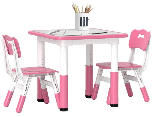 AIYAPLAY Height Adjustable Toddler Table and Chair Set, 3 Pcs Children Activity Table w/ 2 Chairs, for Playroom, Bedroom - Pink