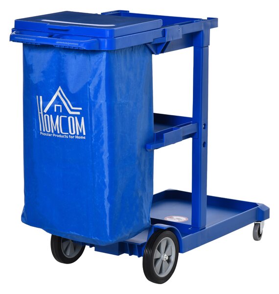 HOMCOM Cleaning Carts On Wheels, Janitorial Trolley, Housekeeping Utility Service Unit w/ 3 Tier Shelves, Rubbish Bag and Hooks Aosom UK