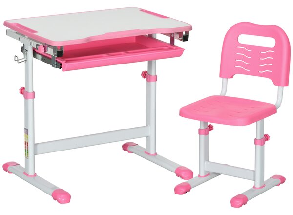 HOMCOM Adjustable Kids Desk and Chair Set, Student Writing Desk with Drawer, Pen Slot, Hook, Pink