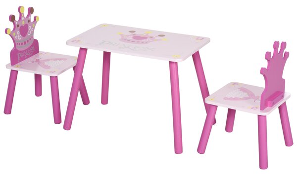 HOMCOM Kids' Wooden Table and Chair Set with Crown Pattern, Easy-Clean Surface, Ideal Gift for Girls Toddlers Aged 3 to 8, Pink