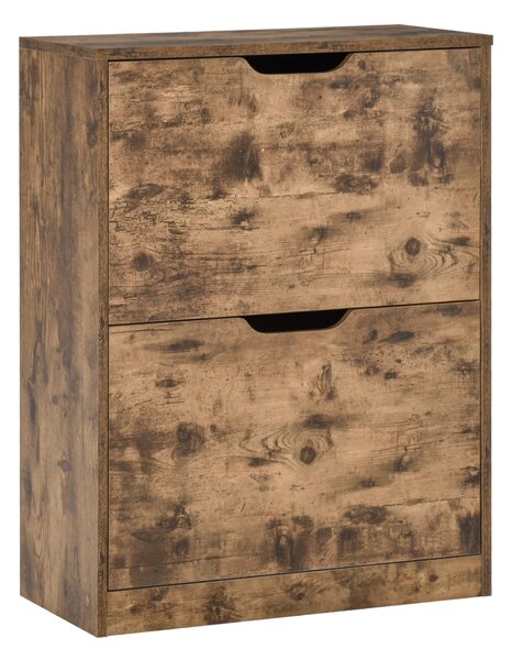 HOMCOM Wooden 2 Drawer Shoe Cabinet, Industrial Hallway Storage Organiser with Flip Doors, Adjustable Shelf, Rustic Brown