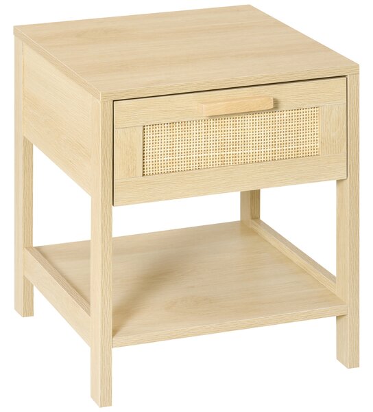 HOMCOM Bedside Table with Rattan Accent Drawer and Lower Shelf, Compact Nightstand for Bedroom or Living Room Storage
