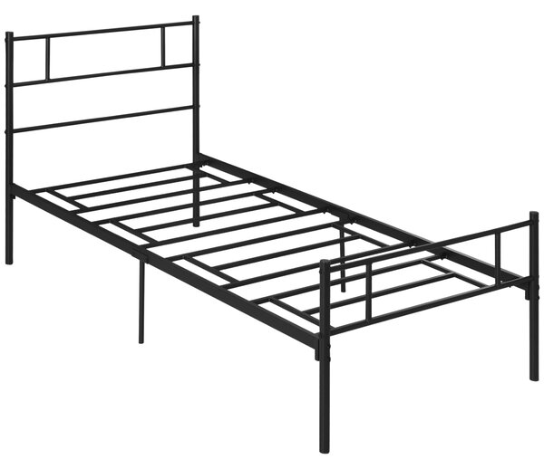 HOMCOM Single Metal Bed Frame with Headboard and Footboard, Solid Bedstead, Metal Slat Support, Underbed Storage, Bedroom Furniture