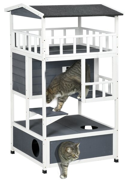 PawHut Cats Fir Wood 3-Tier Waterproof Play House Grey