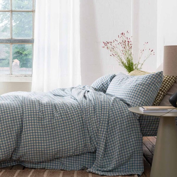 Piglet Warm Blue Gingham 100% Linen Duvet Cover Size Super King