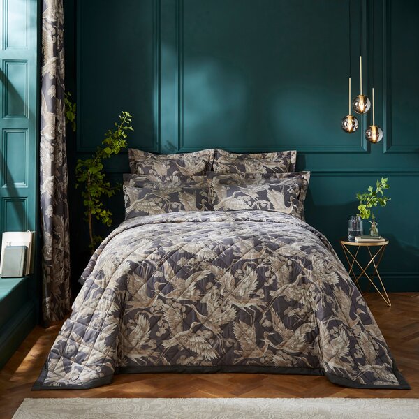 Dorma Gilded Crane Charcoal Bedspread Charcoal