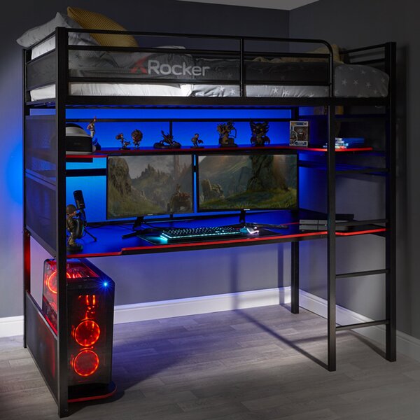 X Rocker Battlebunk Gaming High Sleeper Bunk Bed with Shelf & Desk Black