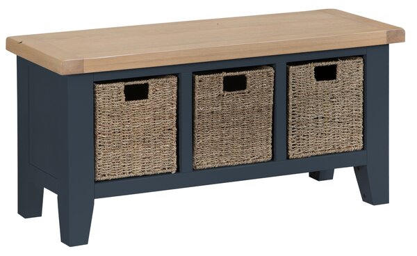 Suffolk Midnight Grey Painted Oak Large Hall Bench with Wicker Baskets