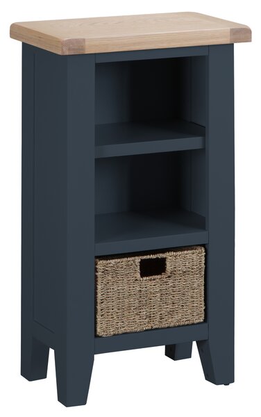 Suffolk Midnight Grey Painted Oak Small Narrow Bookcase with Wicker Basket