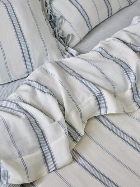 Dusk Blue Farmhouse Stripe 100% Linen Flat Sheet | Double | Piglet in Bed