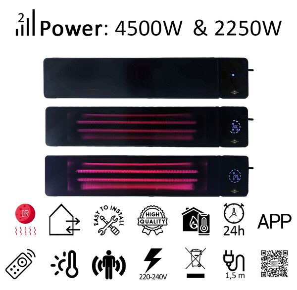 4500W/2250 Watt ElectricSun black, Infrared Patio Heater, Indoor/Outdoor Use, with Thermostat and App, 100x18cm