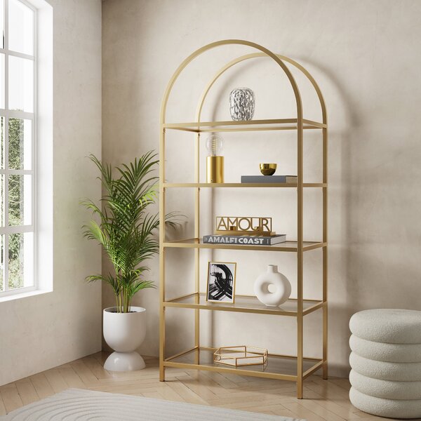 Noelle Tall Gold and Glass Shelving Unit Clear