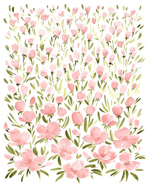 Illustration Field of pink watercolor flowers, Blursbyai, (30 x 40 cm)