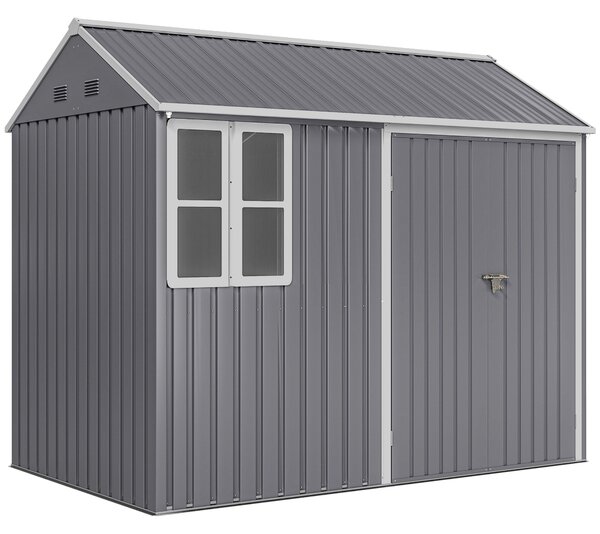 Outsunny 8 x 6 ft Galvanised Garden Shed, Outsoor Metal Storage Shed with Double Doors Window Air Vents for Patio, Lawn, Grey Aosom UK