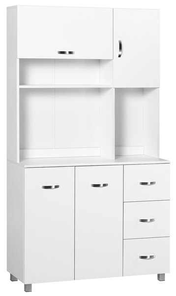 HOMCOM Freestanding Kitchen Storage Unit w/ Cupboard Cabinets Open Compartments Drawers Metal Handles Side Shelf Server Organisation Furniture White