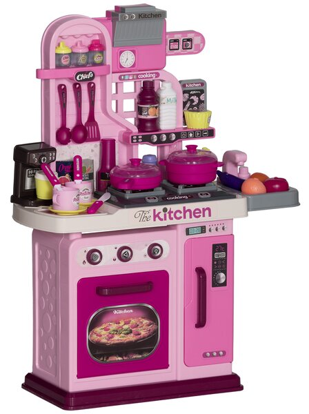 AIYAPLAY Kids Kitchen with 33 Piece Accessories, Lights, Sounds, Storage, for Children 3-6 Years, Pink Aosom UK