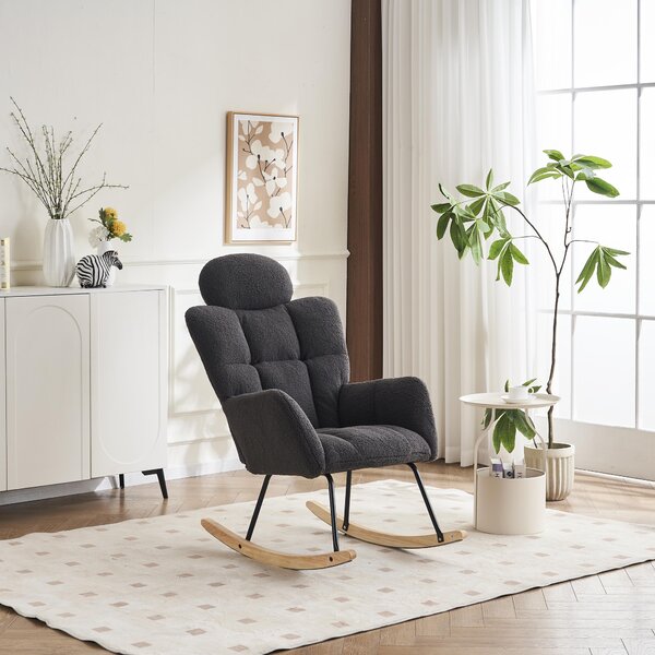 Teddy Fabric Accent Chair with Tufted Seat, Painted Metal Base, Rocking Chair with Headrest and Backrest, 102L x 70W x 105H cm, Dark Grey Aosom.UK