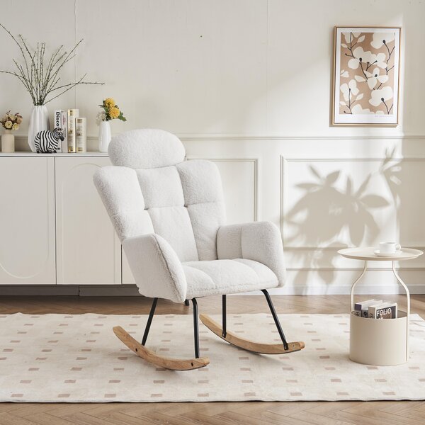 Teddy Fabric Rocking Chair with Tufted Upholstery, Padded Seat, Ergonomic Backrest, Ideal for Bedroom, Hallway, 102L x 70W x 105H cm, White Aosom.UK