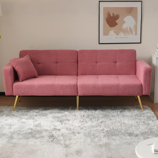 Convertible Sofa Bed with Adjustable Backrest, Golden Legs, Side Pockets, Sherpa Fabric Sleeper Sofa for Bedroom, 176L x 64W x 75H cm, Pink Aosom.UK