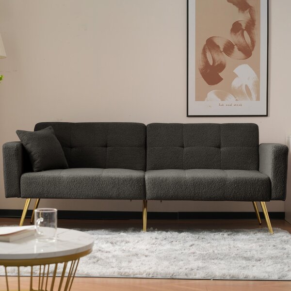 Modern Loveseat with Adjustable Backrest, Golden Legs, Side Pockets, Sherpa Fabric Convertible Sofa Bed, 176L x 64W x 75H cm, Dark Grey Aosom.UK