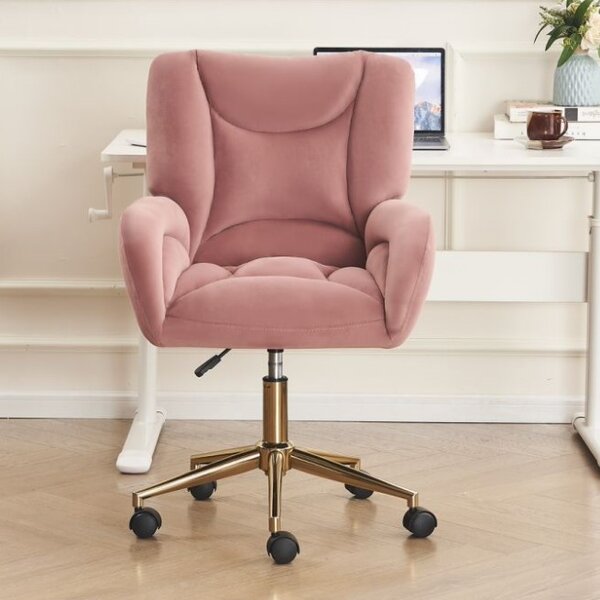 Height-Adjustable Velvet Swivel Chair with Universal Wheels, Metal Base, Ideal for Indoor Office Spaces, 64L x 62W x 92.5-99H cm, Pink Aosom.UK