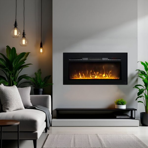 Wall Mounted Electric Fires, Free Standing, Incorporated ElectricSun Paula Glass XS Black, 10 Colour, with Sound Effect, with APP, L102xH45x16cm