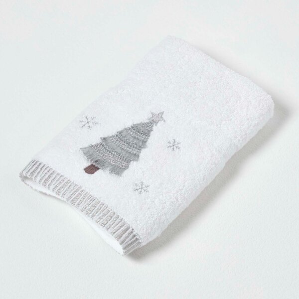 Homescapes Silver Christmas Tree Embroidered 100% Cotton Hand Towel