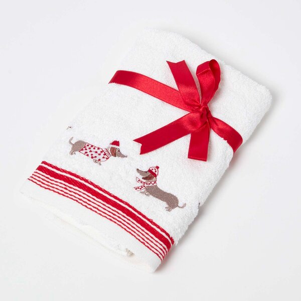 Homescapes Dachshund Embroidered 100% Cotton Christmas Hand Towel