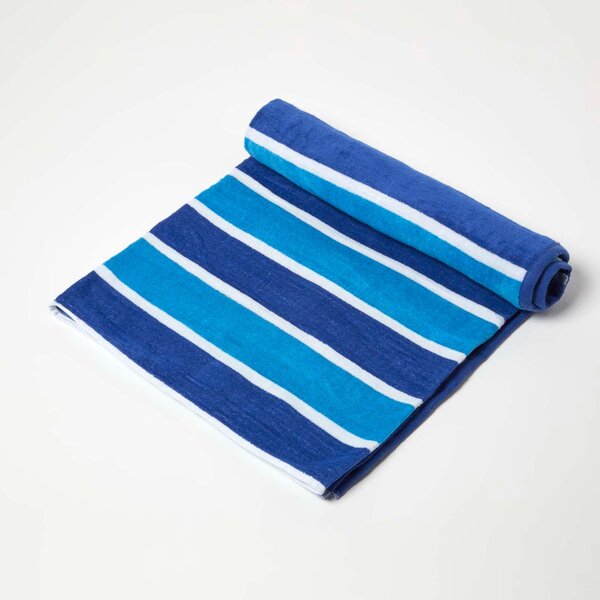 Homescapes 100% Recycled Cotton Blue Stripe Beach Towel, 90 x 180 cm