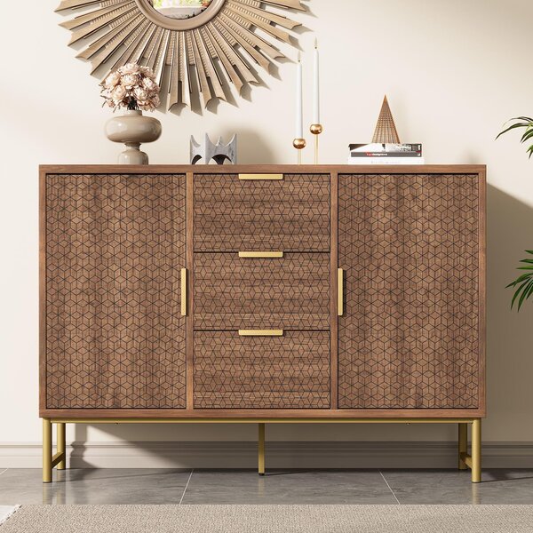 Embossed Design Sideboard Storage Cabinet with 3 Drawers, 2 Doors, Adjustable Shelves, Cabinet for living room, 120L x 40W x 75H cm, Walnut Aosom.UK