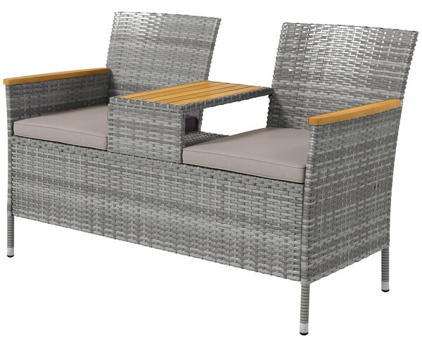 Outsunny Two-Seat Rattan Loveseat, with Wood-Top Middle Table - Grey