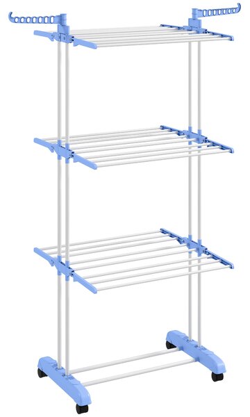 HOMCOM Foldable Clothes Drying Rack, 4-Tier Steel Garment Laundry Rack with Castors for Indoor and Outdoor Use, Blue